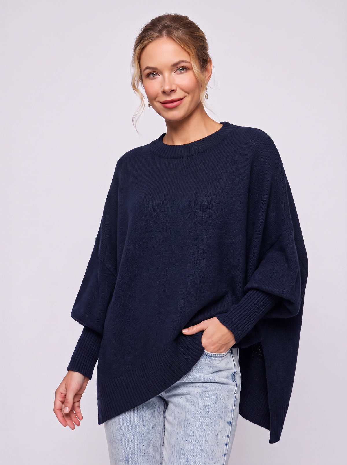 Diagwyn Asymmetric Poncho Sweater – Oversized Knit Cape Ribbed Sleeve Women Jumper Longline Top