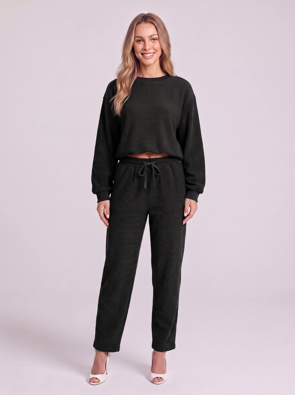 Cordella Waffle Knit Crop Top Co-Ord Set – Relaxed Fit Lounge Women Casual Joggers Drawstring Sweatshirt