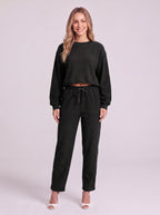Cordella Waffle Knit Crop Top Co-Ord Set – Relaxed Fit Lounge Women Casual Joggers Drawstring Sweatshirt