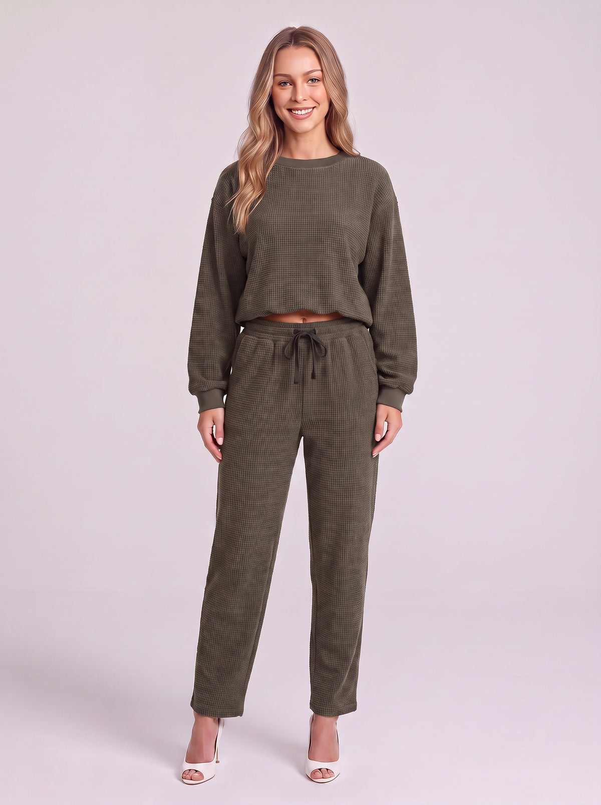 Cordella Waffle Knit Crop Top Co-Ord Set – Relaxed Fit Lounge Women Casual Joggers Drawstring Sweatshirt