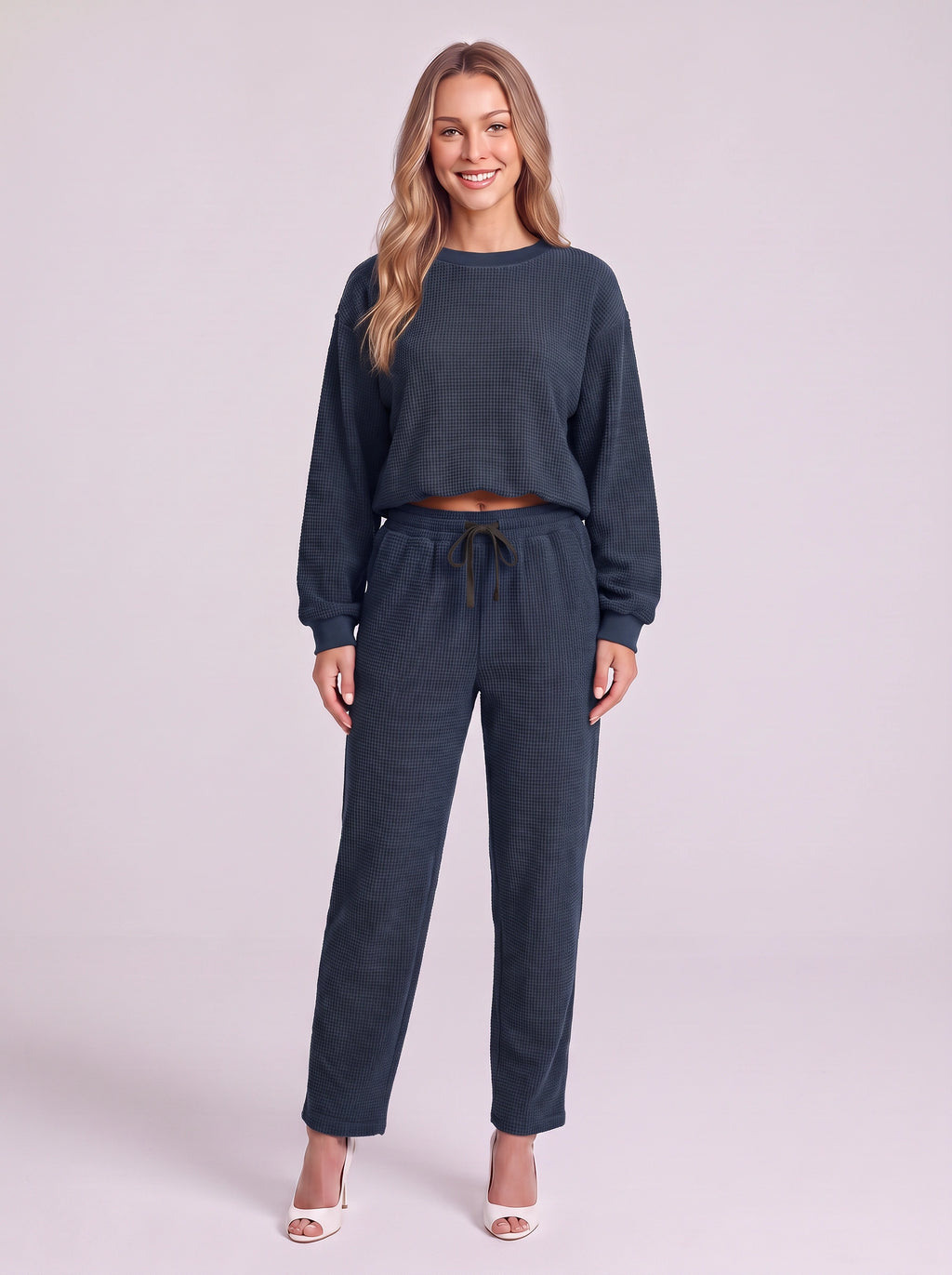 Cordella Waffle Knit Crop Top Co-Ord Set – Relaxed Fit Lounge Women Casual Joggers Drawstring Sweatshirt