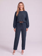 Cordella Waffle Knit Crop Top Co-Ord Set – Relaxed Fit Lounge Women Casual Joggers Drawstring Sweatshirt