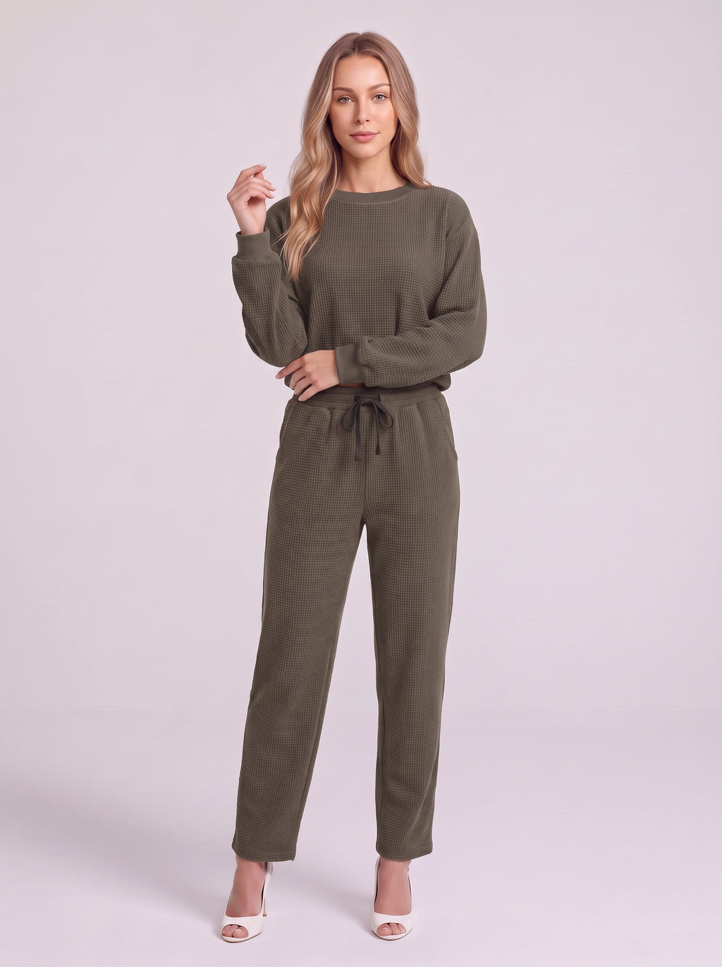 Cordella Waffle Knit Crop Top Co-Ord Set – Relaxed Fit Lounge Women Casual Joggers Drawstring Sweatshirt