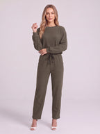 Cordella Waffle Knit Crop Top Co-Ord Set – Relaxed Fit Lounge Women Casual Joggers Drawstring Sweatshirt