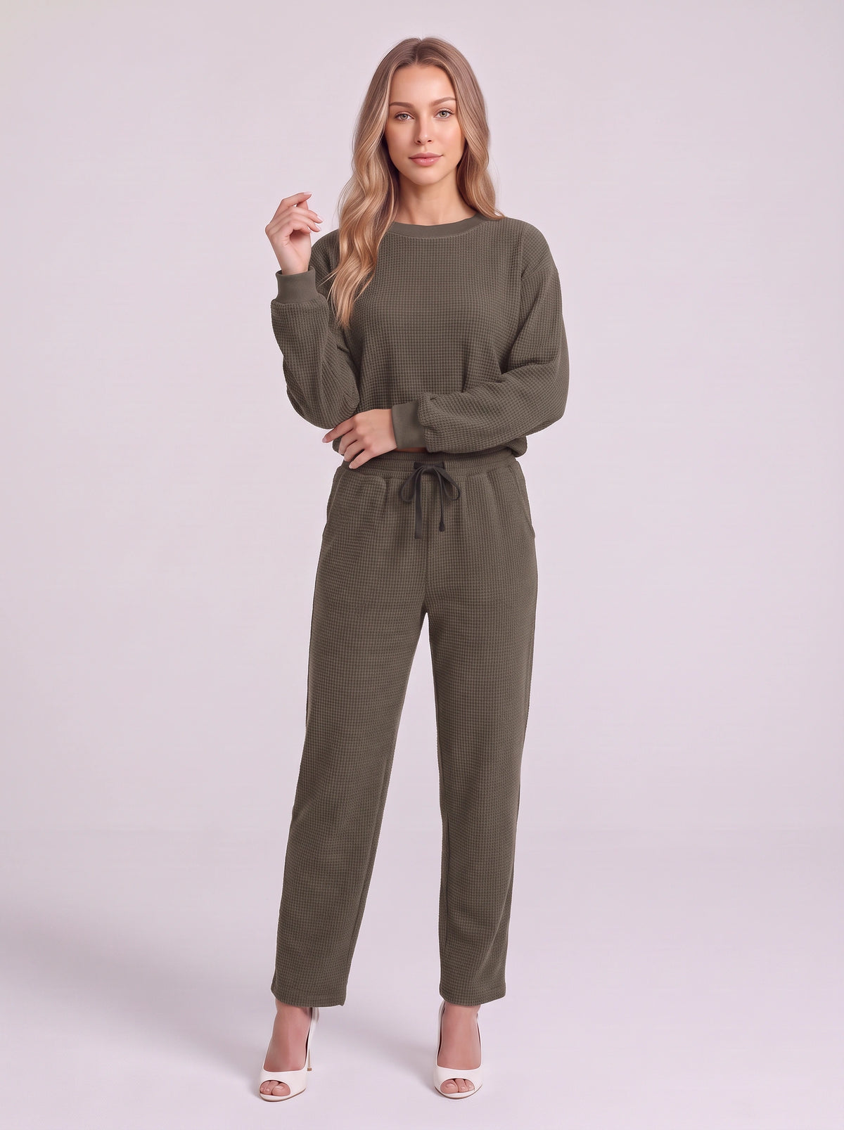 Cordella Waffle Knit Crop Top Co-Ord Set – Relaxed Fit Lounge Women Casual Joggers Drawstring Sweatshirt