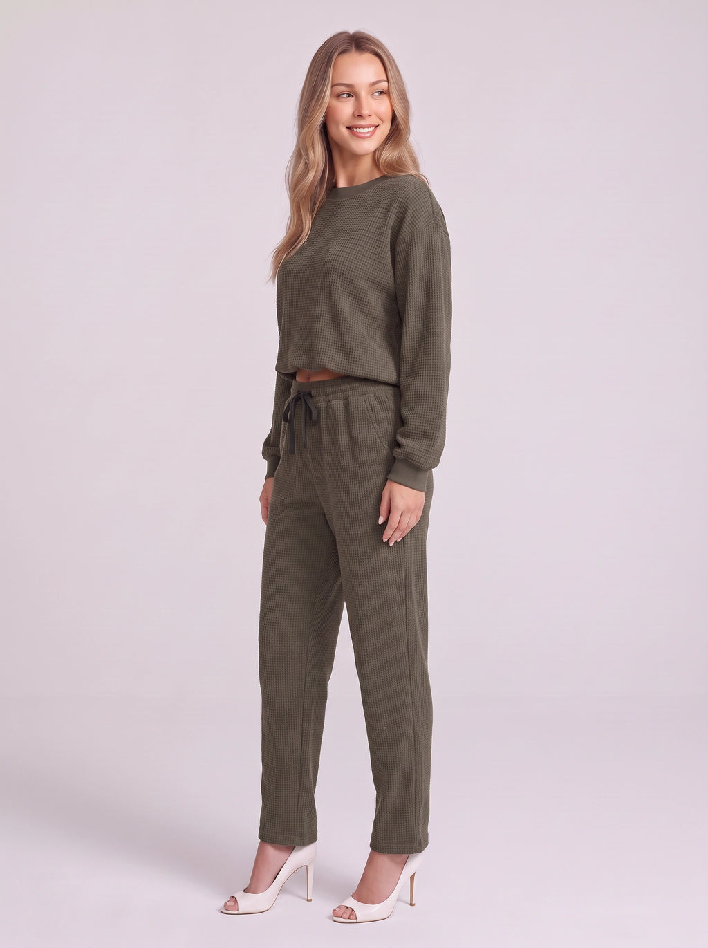 Cordella Waffle Knit Crop Top Co-Ord Set – Relaxed Fit Lounge Women Casual Joggers Drawstring Sweatshirt