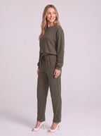 Cordella Waffle Knit Crop Top Co-Ord Set – Relaxed Fit Lounge Women Casual Joggers Drawstring Sweatshirt