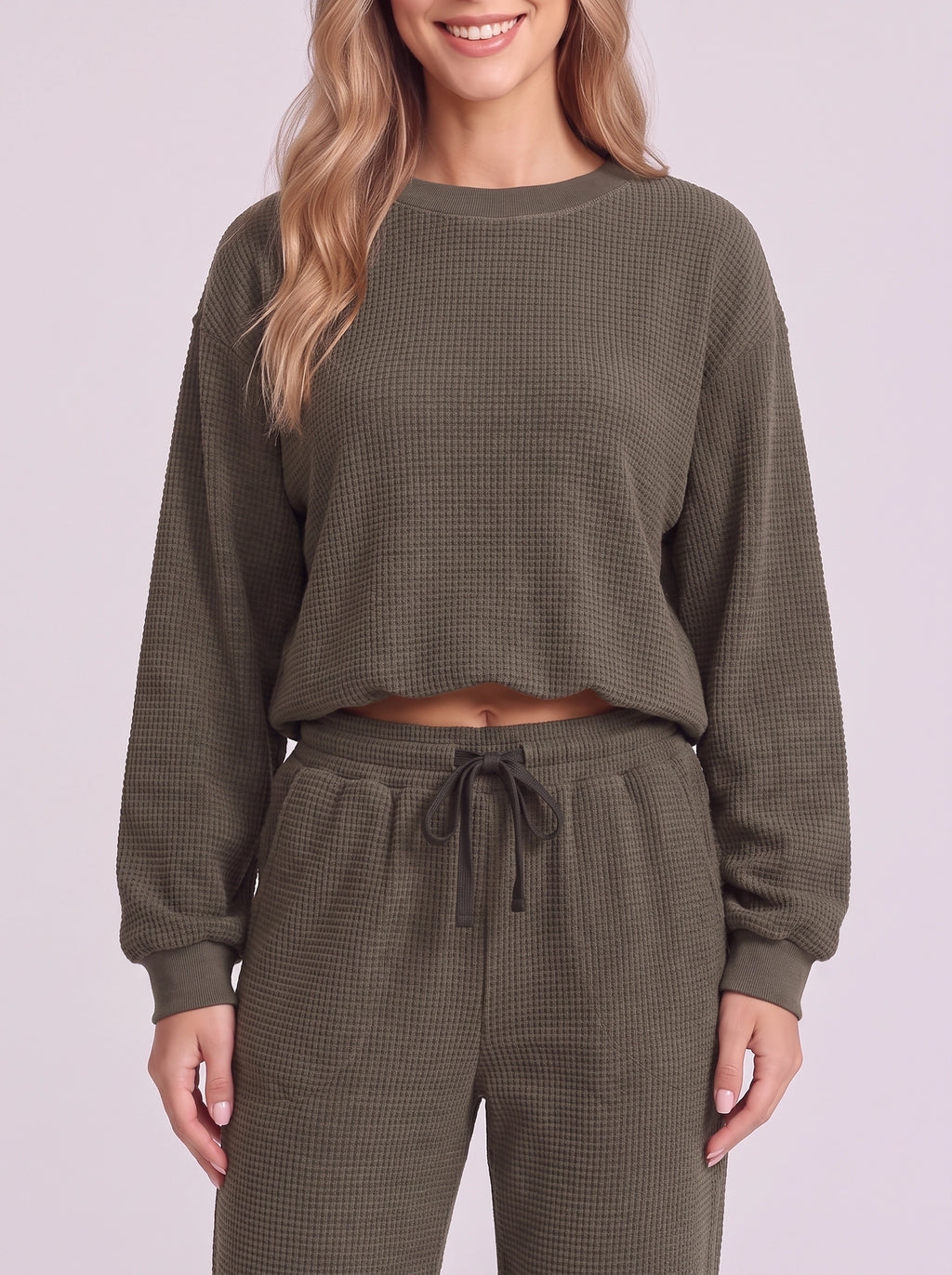 Cordella Waffle Knit Crop Top Co-Ord Set – Relaxed Fit Lounge Women Casual Joggers Drawstring Sweatshirt