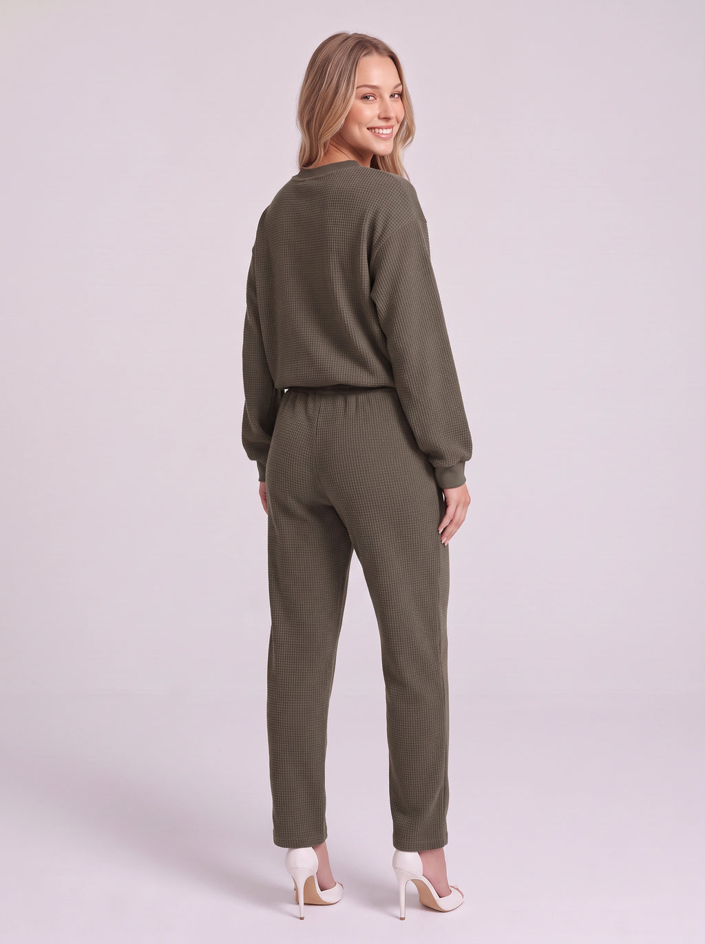 Cordella Waffle Knit Crop Top Co-Ord Set – Relaxed Fit Lounge Women Casual Joggers Drawstring Sweatshirt