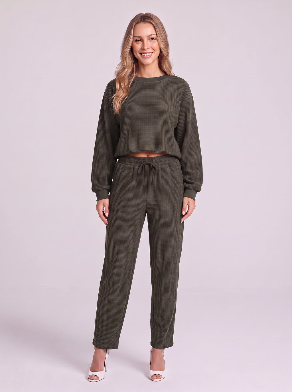 Cordella Waffle Knit Crop Top Co-Ord Set – Relaxed Fit Lounge Women Casual Joggers Drawstring Sweatshirt