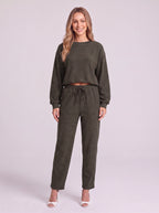 Cordella Waffle Knit Crop Top Co-Ord Set – Relaxed Fit Lounge Women Casual Joggers Drawstring Sweatshirt