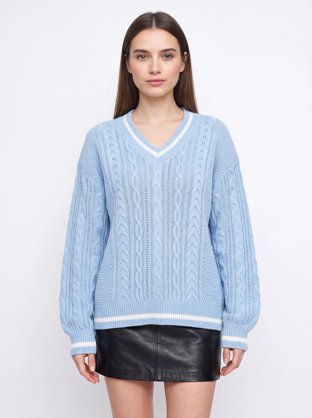 Cablonne V-Neck Cable-Knit Jumper – Relaxed Oversized Women Sweater Chunky Knit Autumn Winter Casual Varsity Stripe Trim Jumper