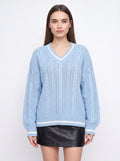 Cablonne V-Neck Cable-Knit Jumper – Relaxed Oversized Women Sweater Chunky Knit Autumn Winter Casual Varsity Stripe Trim Jumper