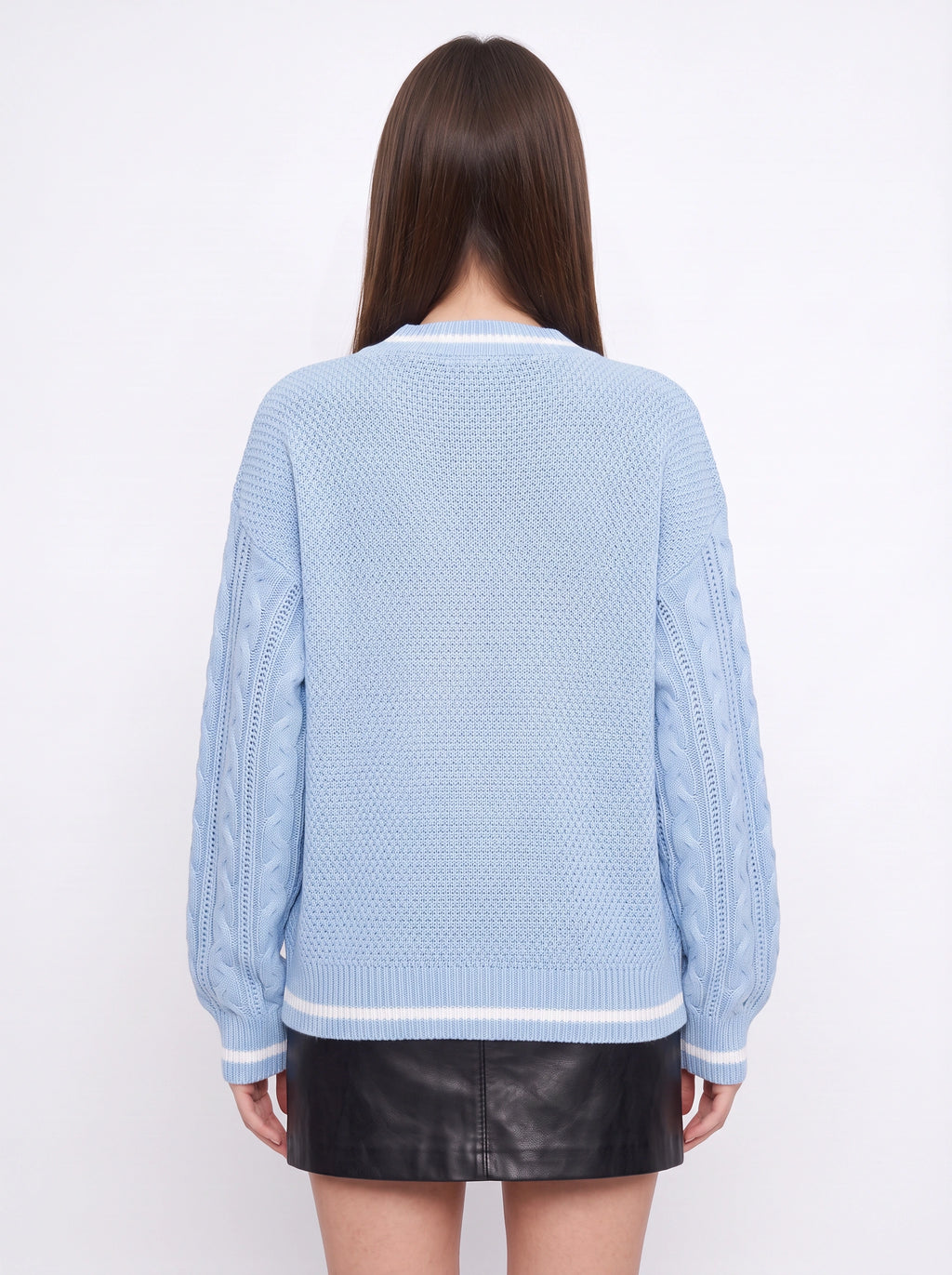 Cablonne V-Neck Cable-Knit Jumper – Relaxed Oversized Women Sweater Chunky Knit Autumn Winter Casual Varsity Stripe Trim Jumper