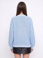 Cablonne V-Neck Cable-Knit Jumper – Relaxed Oversized Women Sweater Chunky Knit Autumn Winter Casual Varsity Stripe Trim Jumper