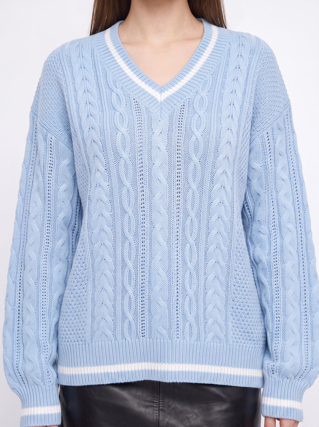 Cablonne V-Neck Cable-Knit Jumper – Relaxed Oversized Women Sweater Chunky Knit Autumn Winter Casual Varsity Stripe Trim Jumper