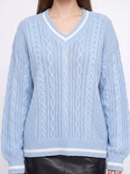 Cablonne V-Neck Cable-Knit Jumper – Relaxed Oversized Women Sweater Chunky Knit Autumn Winter Casual Varsity Stripe Trim Jumper