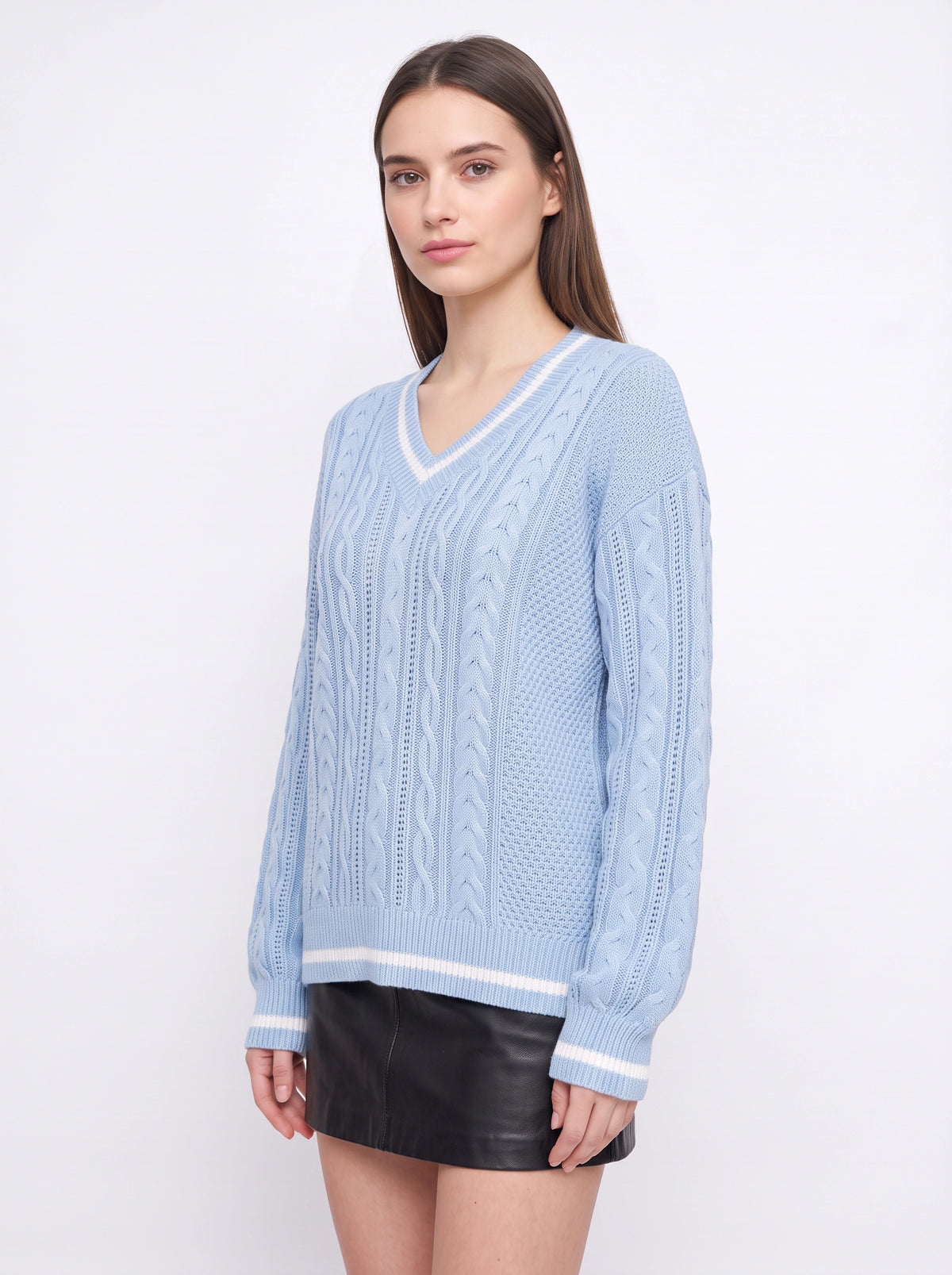 Cablonne V-Neck Cable-Knit Jumper – Relaxed Oversized Women Sweater Chunky Knit Autumn Winter Casual Varsity Stripe Trim Jumper