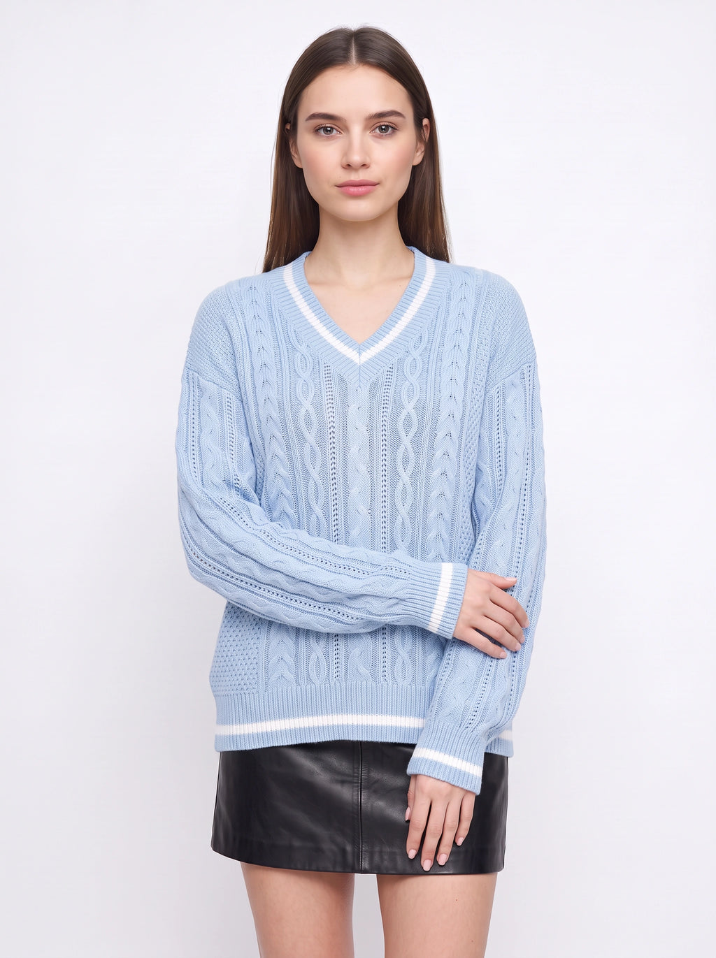 Cablonne V-Neck Cable-Knit Jumper – Relaxed Oversized Women Sweater Chunky Knit Autumn Winter Casual Varsity Stripe Trim Jumper