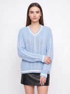 Cablonne V-Neck Cable-Knit Jumper – Relaxed Oversized Women Sweater Chunky Knit Autumn Winter Casual Varsity Stripe Trim Jumper