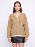 Cablonne V-Neck Cable-Knit Jumper – Relaxed Oversized Women Sweater Chunky Knit Autumn Winter Casual Varsity Stripe Trim Jumper