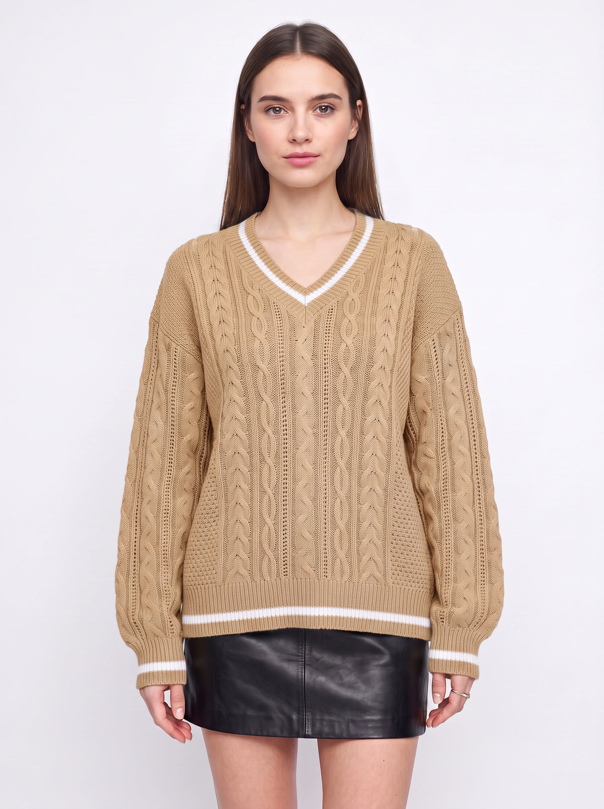 Cablonne V-Neck Cable-Knit Jumper – Relaxed Oversized Women Sweater Chunky Knit Autumn Winter Casual Varsity Stripe Trim Jumper