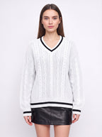 Cablonne V-Neck Cable-Knit Jumper – Relaxed Oversized Women Sweater Chunky Knit Autumn Winter Casual Varsity Stripe Trim Jumper