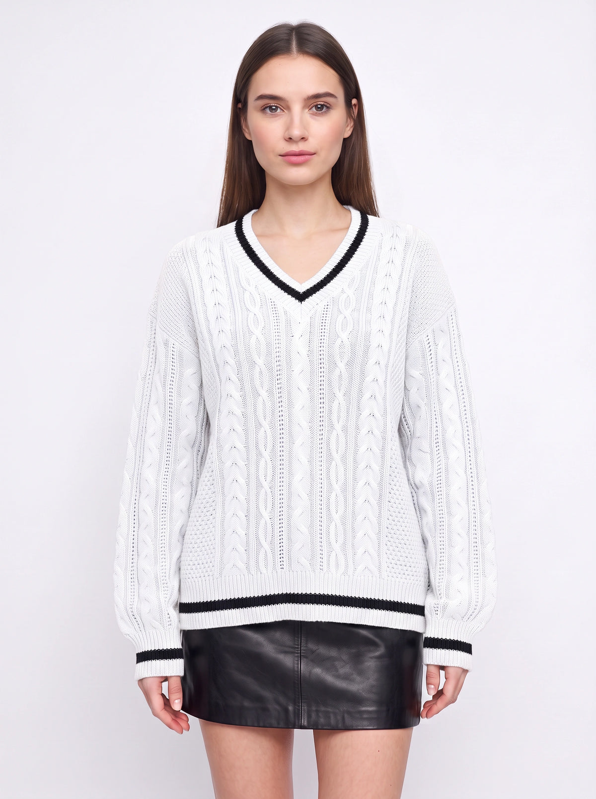 Cablonne V-Neck Cable-Knit Jumper – Relaxed Oversized Women Sweater Chunky Knit Autumn Winter Casual Varsity Stripe Trim Jumper