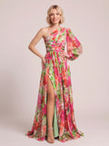 Pufleve One Shoulder Maxi Dress – Floral Chiffon Evening Formal Wedding Guest Women Occasion Maxi Dress