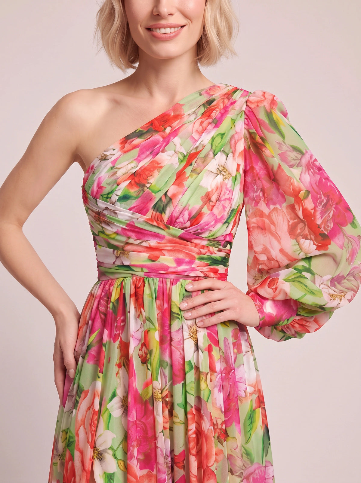 Pufleve One Shoulder Maxi Dress – Floral Chiffon Evening Formal Wedding Guest Women Occasion Maxi Dress