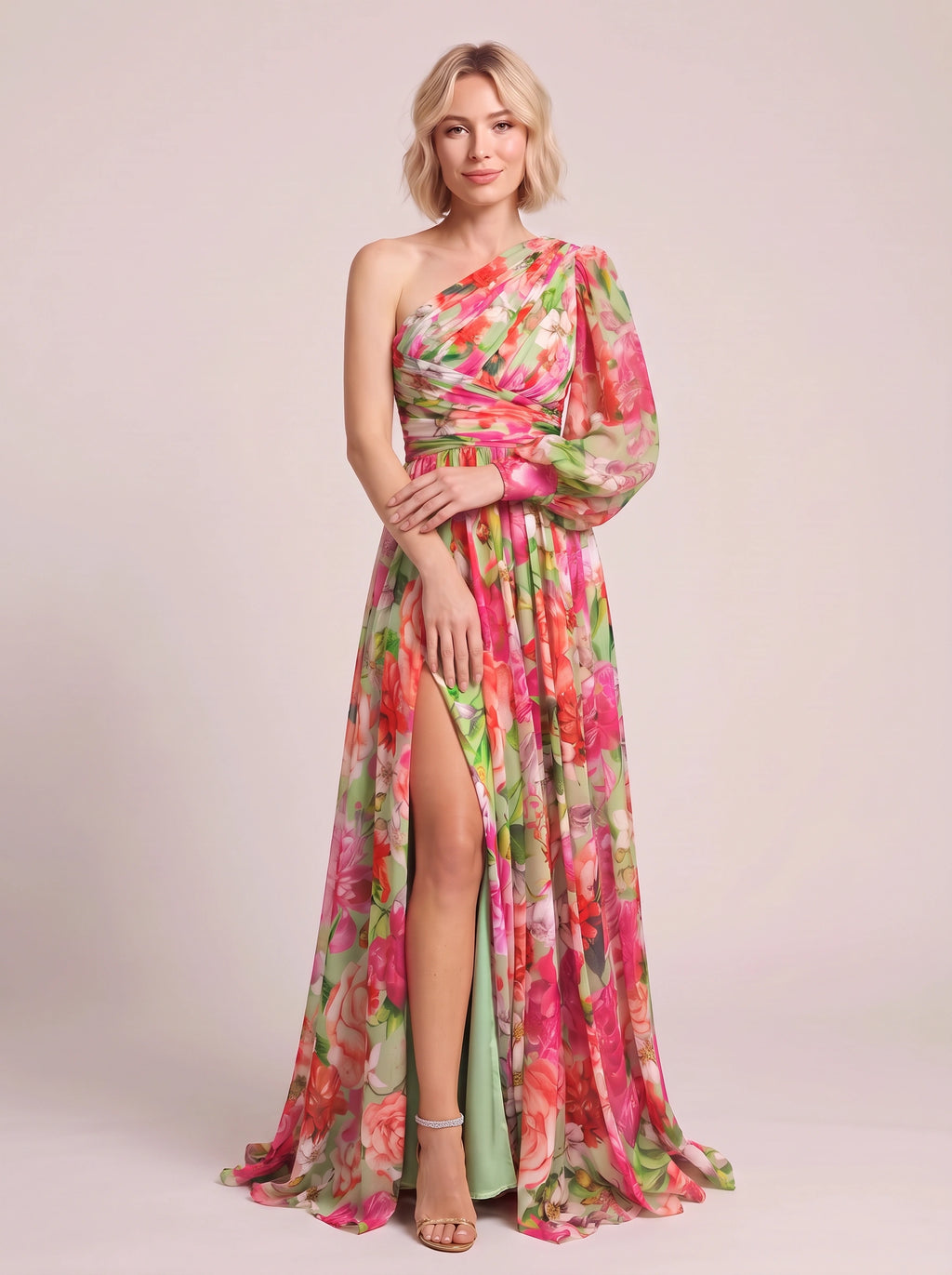 Pufleve One Shoulder Maxi Dress – Floral Chiffon Evening Formal Wedding Guest Women Occasion Maxi Dress