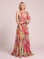 Pufleve One Shoulder Maxi Dress – Floral Chiffon Evening Formal Wedding Guest Women Occasion Maxi Dress