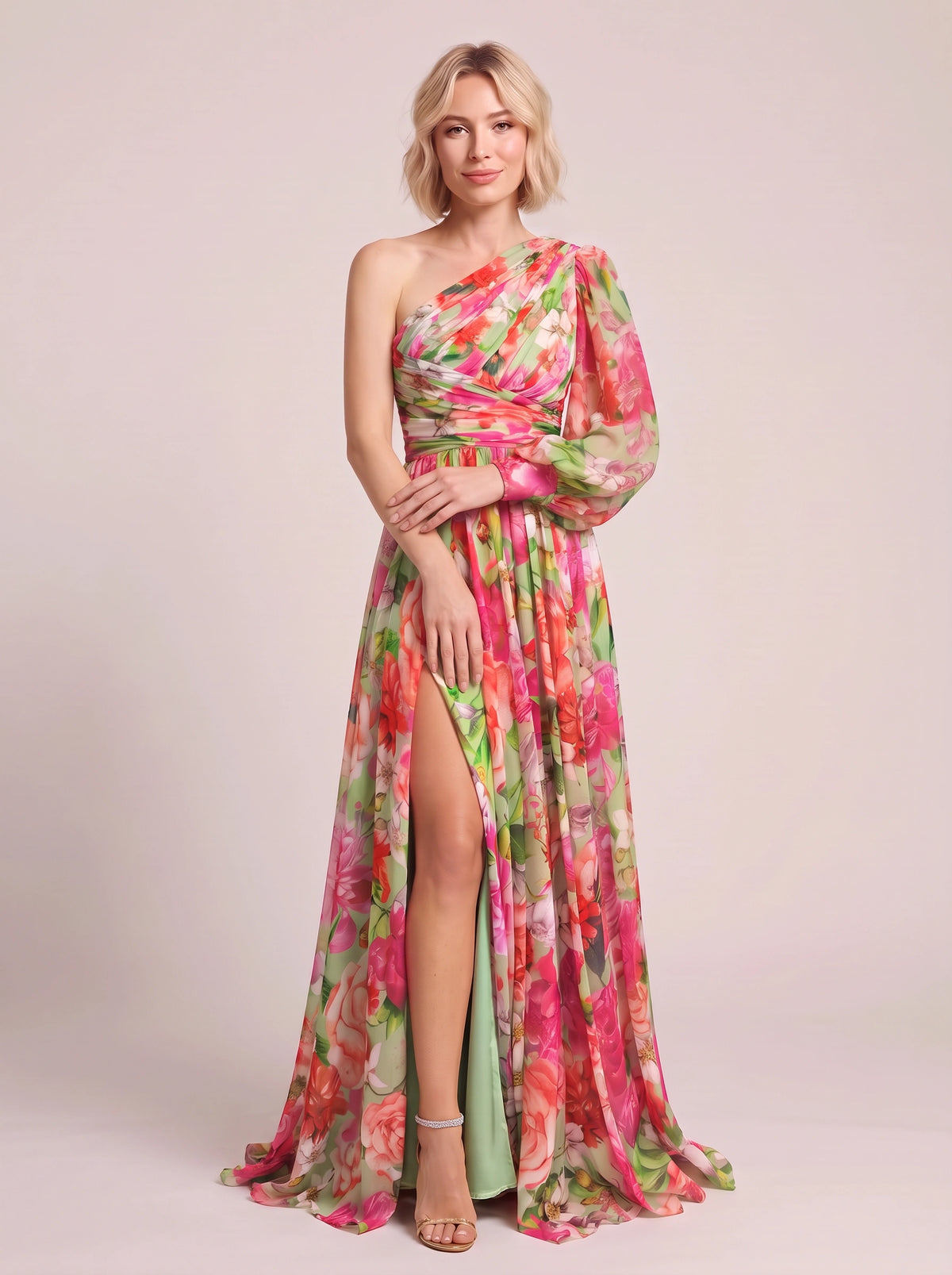 Pufleve One Shoulder Maxi Dress – Floral Chiffon Evening Formal Wedding Guest Women Occasion Maxi Dress