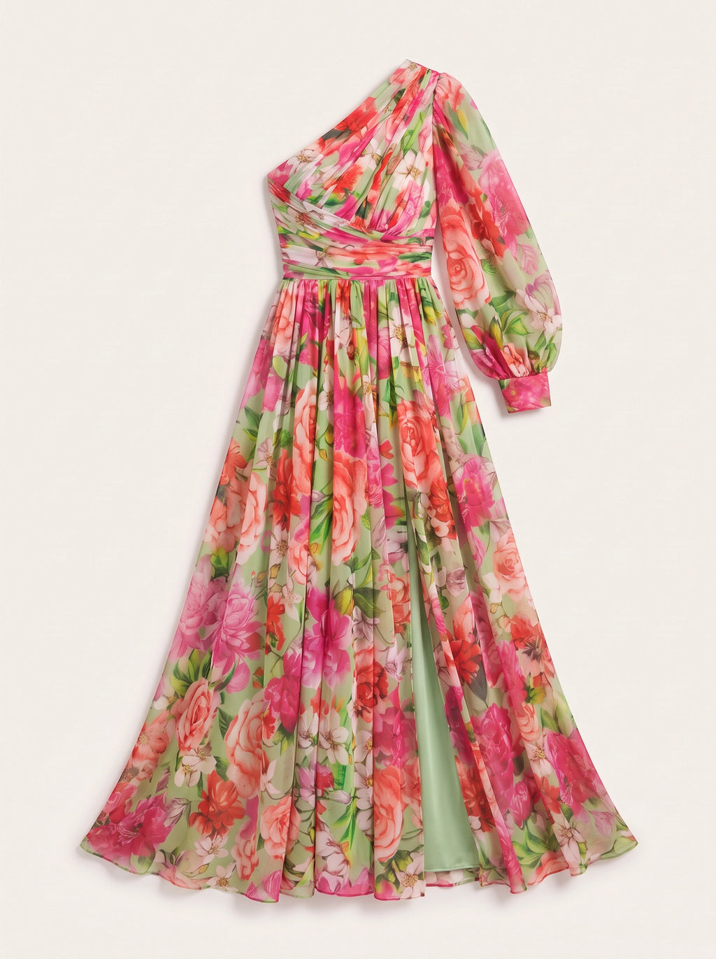 Pufleve One Shoulder Maxi Dress – Floral Chiffon Evening Formal Wedding Guest Women Occasion Maxi Dress