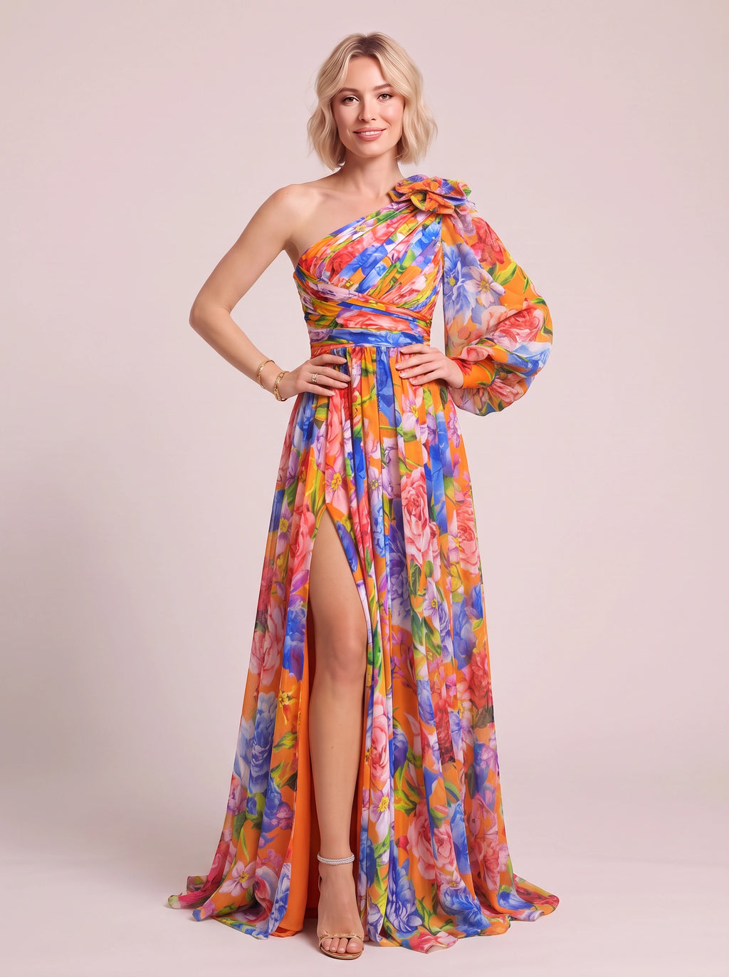 Pufleve One Shoulder Maxi Dress – Floral Chiffon Evening Formal Wedding Guest Women Occasion Maxi Dress