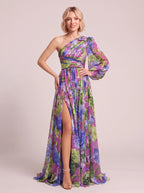 Pufleve One Shoulder Maxi Dress – Floral Chiffon Evening Formal Wedding Guest Women Occasion Maxi Dress