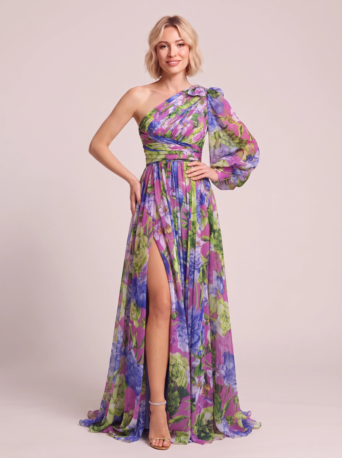 Pufleve One Shoulder Maxi Dress – Floral Chiffon Evening Formal Wedding Guest Women Occasion Maxi Dress