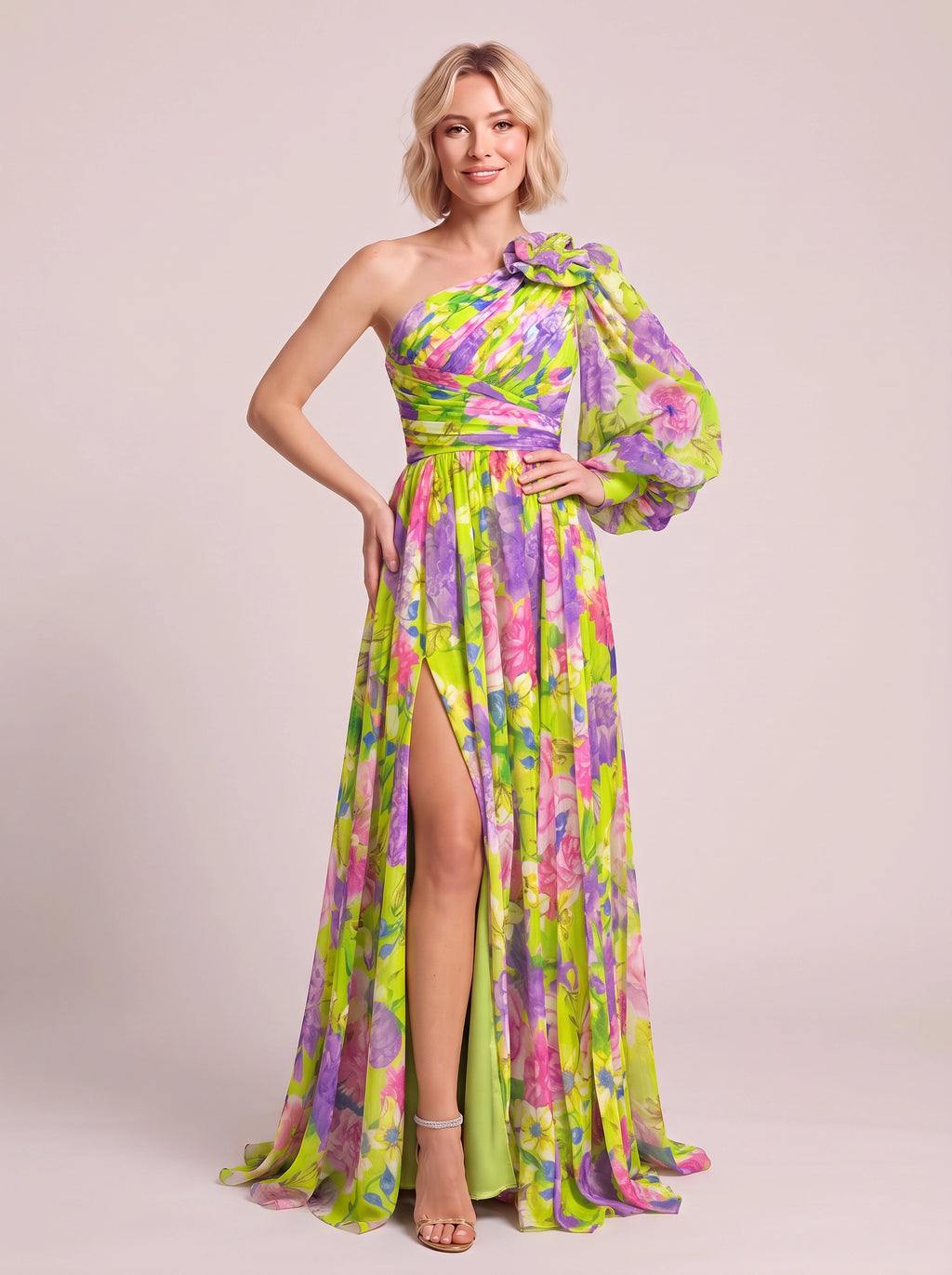 Pufleve One Shoulder Maxi Dress – Floral Chiffon Evening Formal Wedding Guest Women Occasion Maxi Dress
