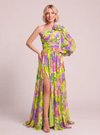 Pufleve One Shoulder Maxi Dress – Floral Chiffon Evening Formal Wedding Guest Women Occasion Maxi Dress