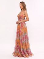 Chevra Plunge Neck Maxi Dress – Floral Print Women Formal Wedding Guest Evening Party Maxi Dress