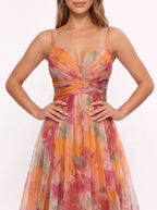 Chevra Plunge Neck Maxi Dress – Floral Print Women Formal Wedding Guest Evening Party Maxi Dress