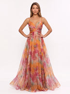 Chevra Plunge Neck Maxi Dress – Floral Print Women Formal Wedding Guest Evening Party Maxi Dress