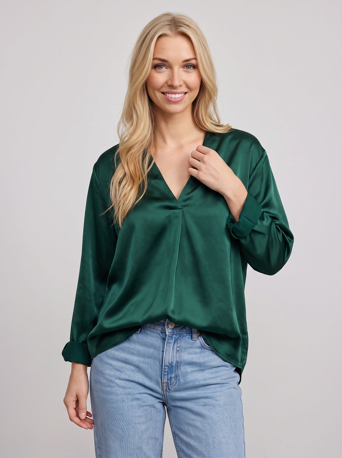 Vafold Satin V-Neck Blouse – Long Sleeve Shirt Women Formal Office Party Elegant Evening Satin Top