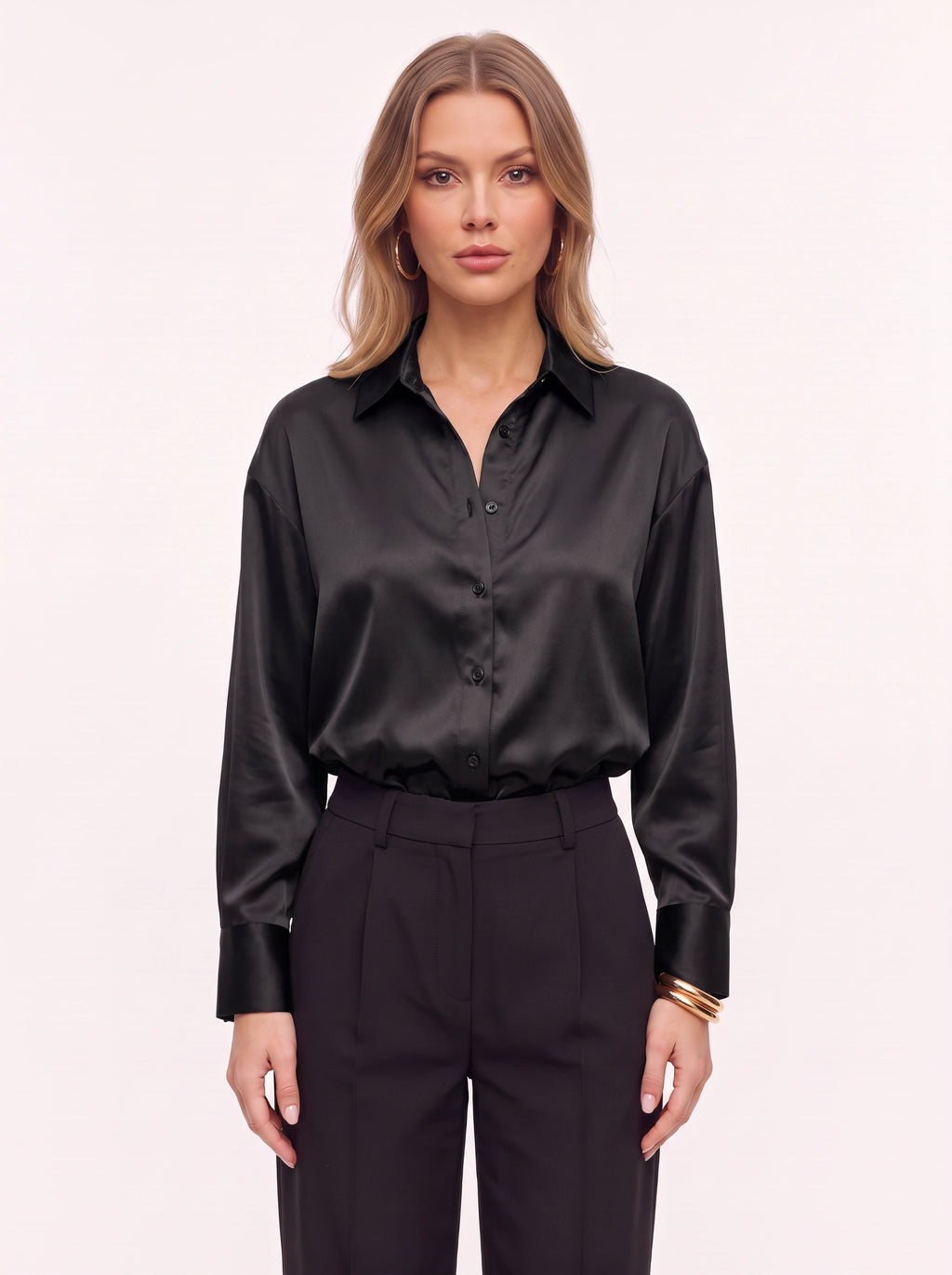 Poyntra Classic Collar Shirt – Satin Blouse Women Office Work Formal Elegant Long Sleeve Shirt