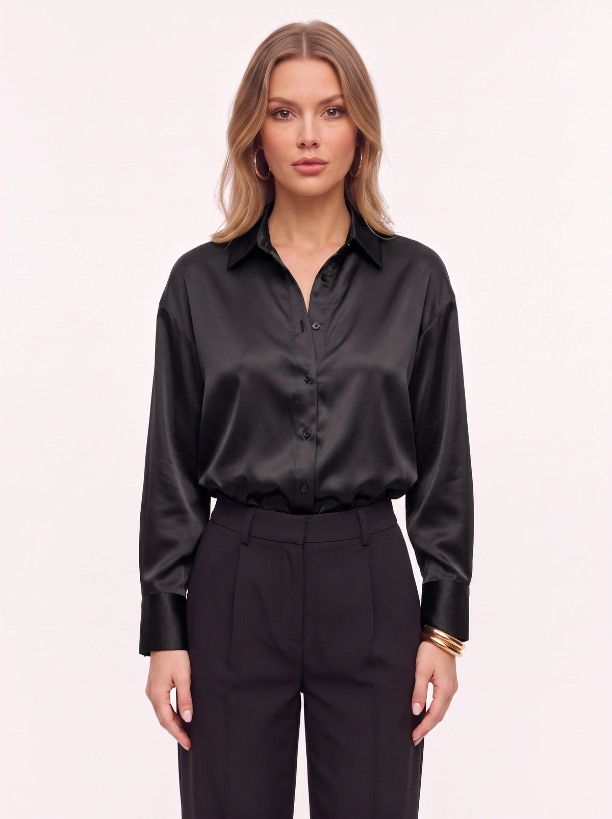 Poyntra Classic Collar Shirt – Satin Blouse Women Office Work Formal Elegant Long Sleeve Shirt