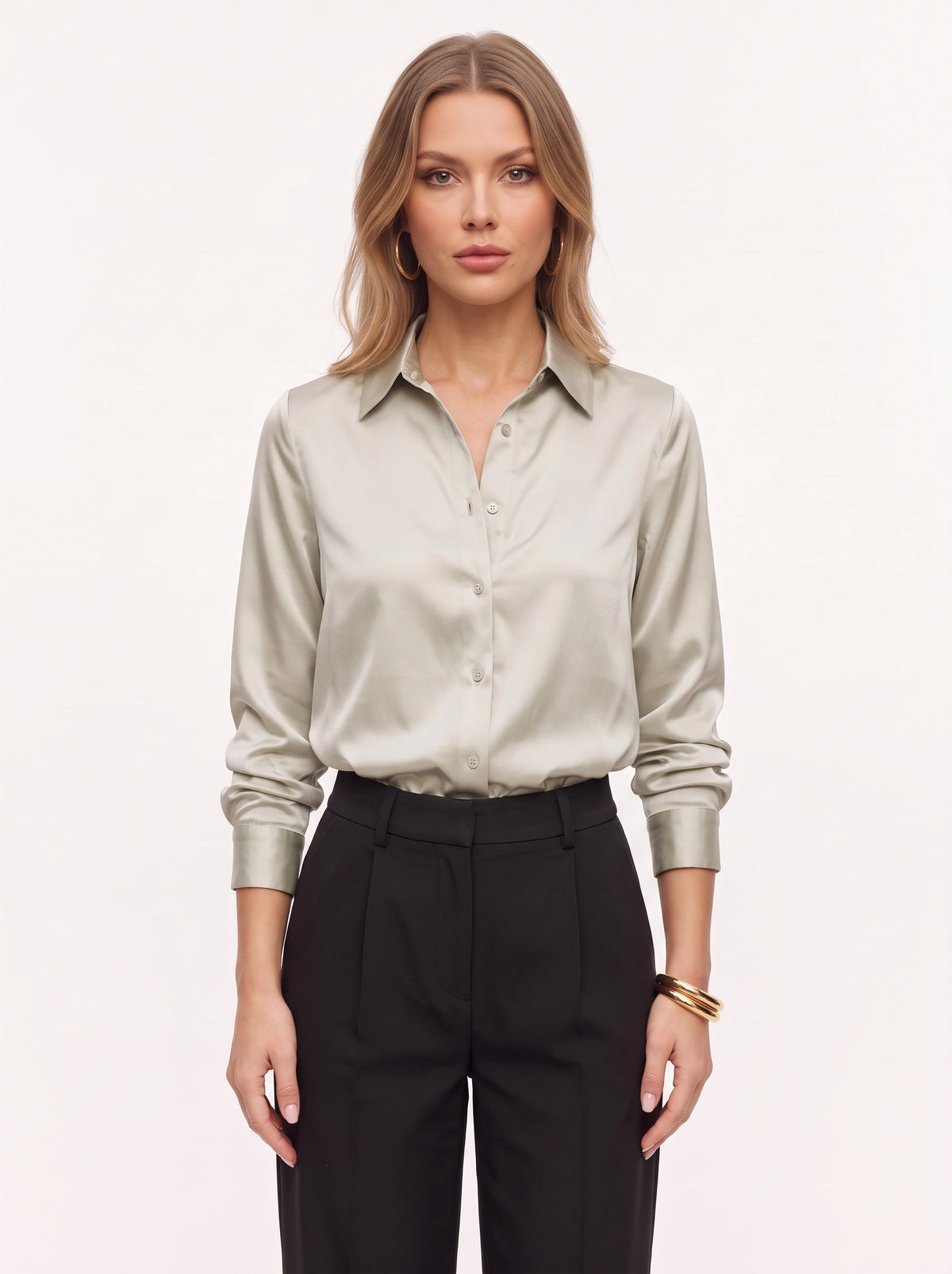 Poyntra Classic Collar Shirt – Satin Blouse Women Office Work Formal Elegant Long Sleeve Shirt