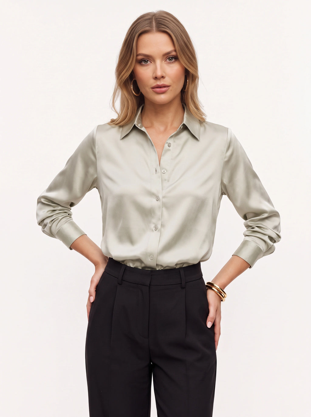 Poyntra Classic Collar Shirt – Satin Blouse Women Office Work Formal Elegant Long Sleeve Shirt