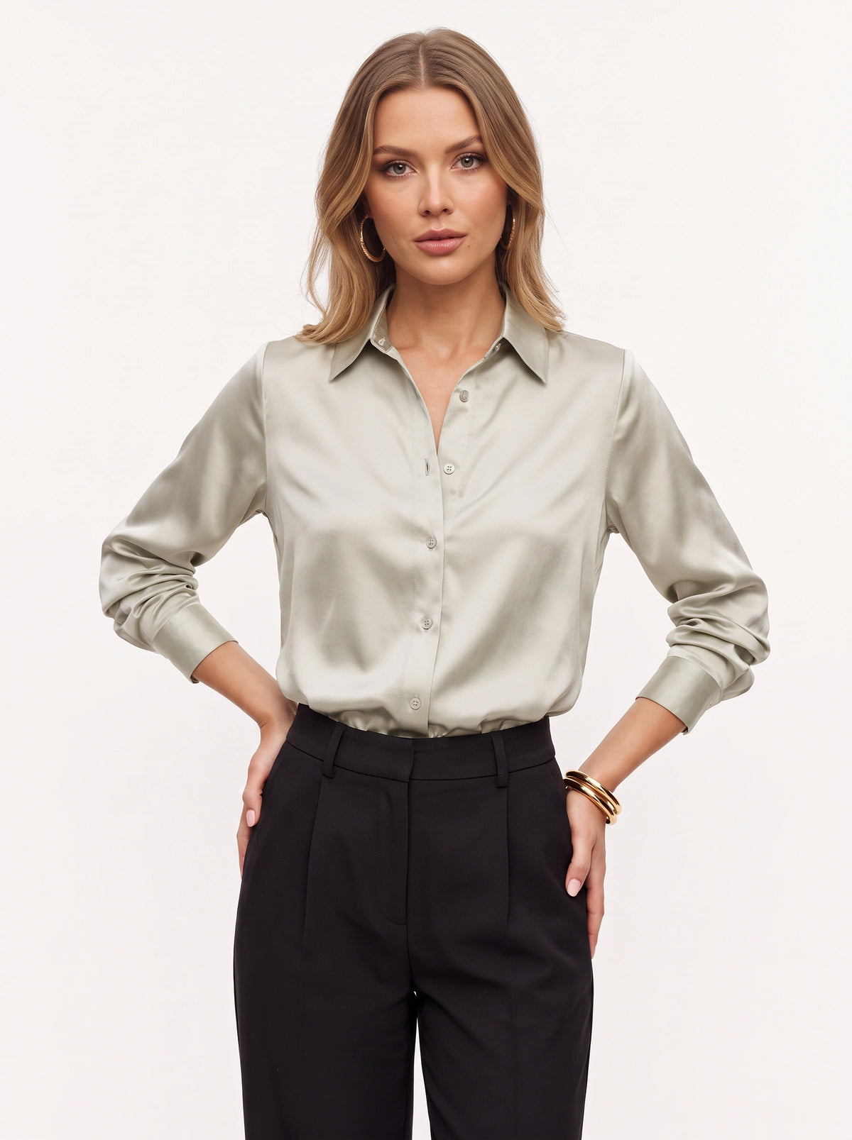 Poyntra Classic Collar Shirt – Satin Blouse Women Office Work Formal Elegant Long Sleeve Shirt