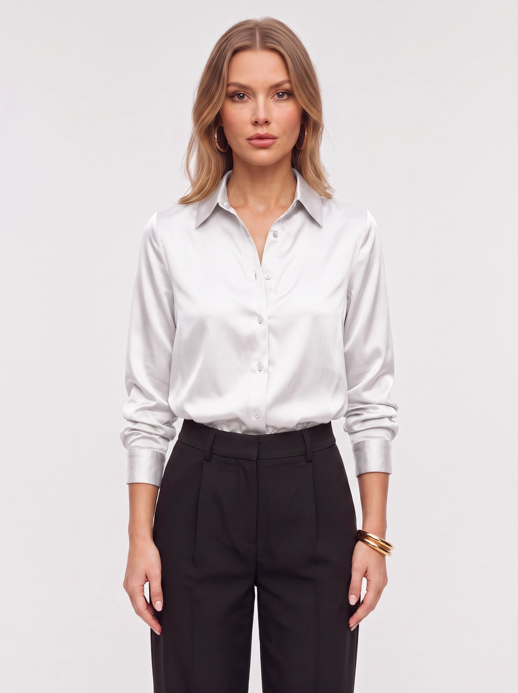 Poyntra Classic Collar Shirt – Satin Blouse Women Office Work Formal Elegant Long Sleeve Shirt