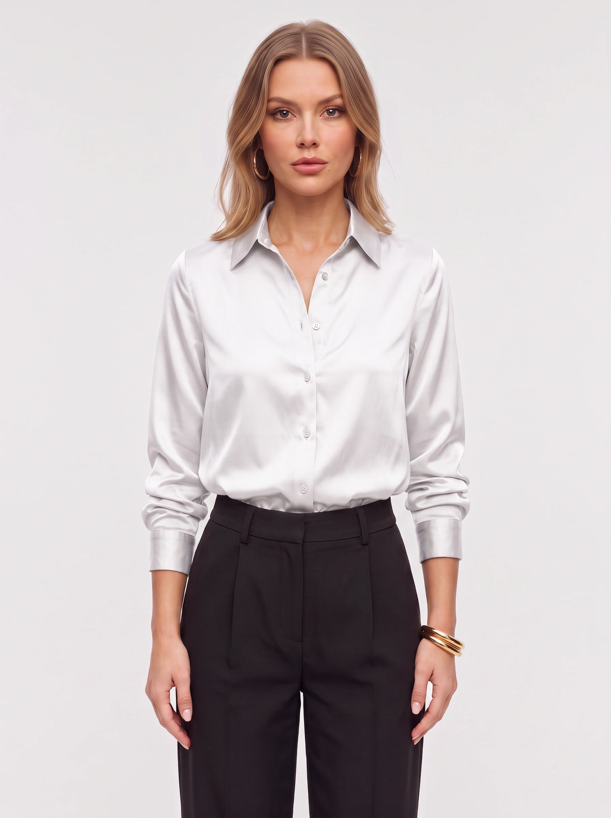 Poyntra Classic Collar Shirt – Satin Blouse Women Office Work Formal Elegant Long Sleeve Shirt